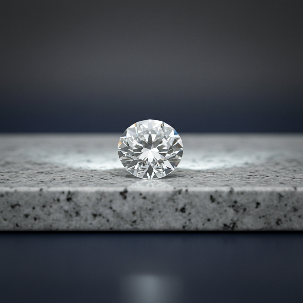 A close-up, photographic view of a single flawless round brilliant diamond resting on a finely polished, cool-gray stone slab. Each facet is rendered with razor-sharp clarity, catching soft, cool-white studio light that creates controlled sparkles and a halo of subtle reflections on the surface beneath. The background dissolves into a smooth gradient of charcoal to deep navy, evoking a sense of global sophistication. Shot from a slightly elevated angle with a tight, centered composition and shallow depth of field, the diamond appears as the undisputed focal point. The mood is precise, clinical, and highly professional, emphasizing quality, certification, and trust in fine gemstone selection.
