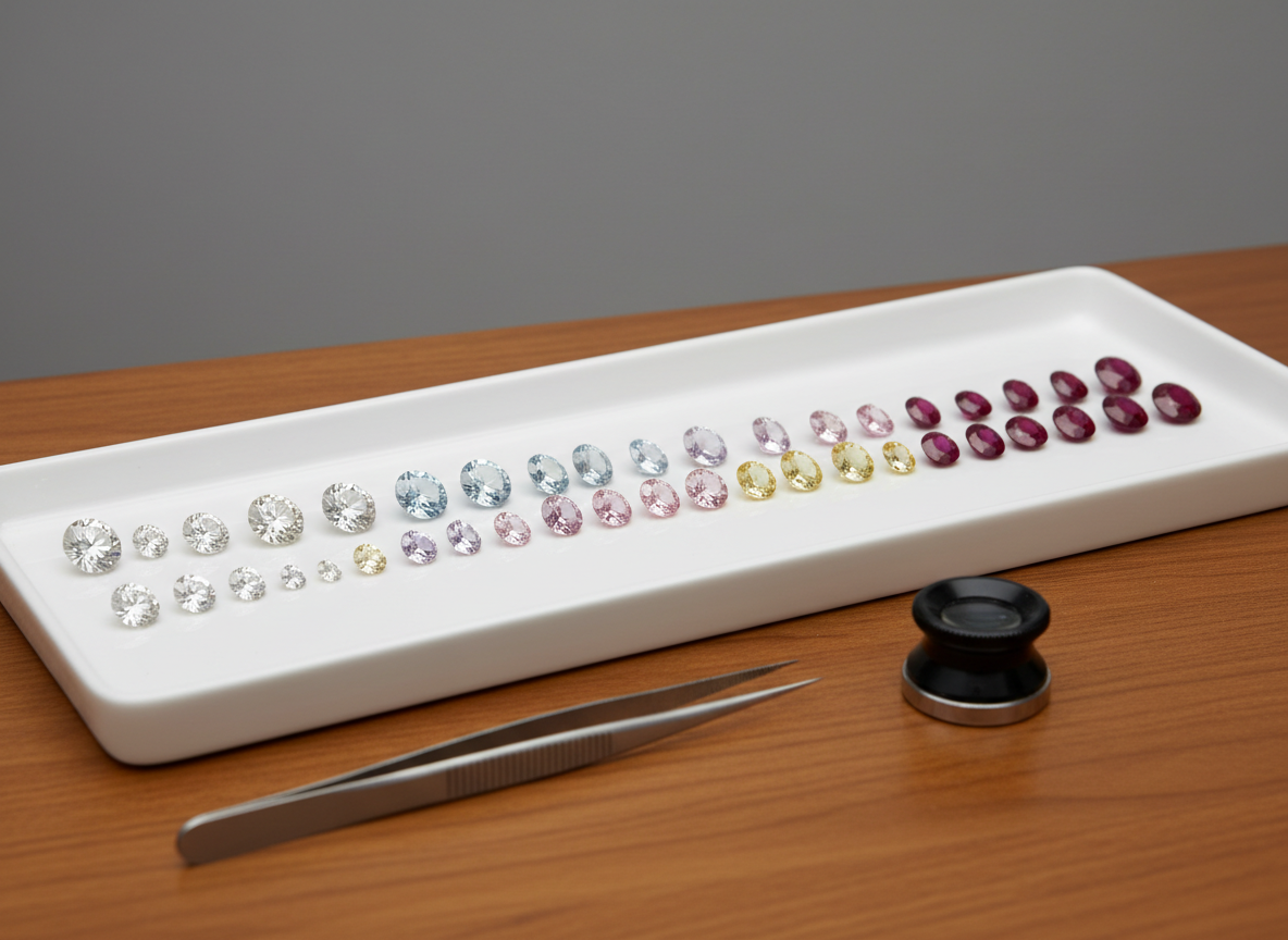 A precision jeweler’s workstation presented without any human presence, featuring a neatly arranged set of stainless-steel gem tweezers, a high-quality black jeweler’s loupe, and a row of loose gemstones graded by size and color on a pristine white inspection tray. The stones range from icy white diamonds to pastel sapphires and rich rubies, each sharply detailed. Overhead neutral studio lighting produces even, shadowless illumination ideal for evaluation, while a muted gray background keeps the focus on the tools and gems. Shot from a slightly elevated, three-quarter angle with sharp focus throughout, the composition feels clinical and exacting. The atmosphere conveys meticulous quality control, expert grading, and a commitment to transparent, professional gemstone assessment.