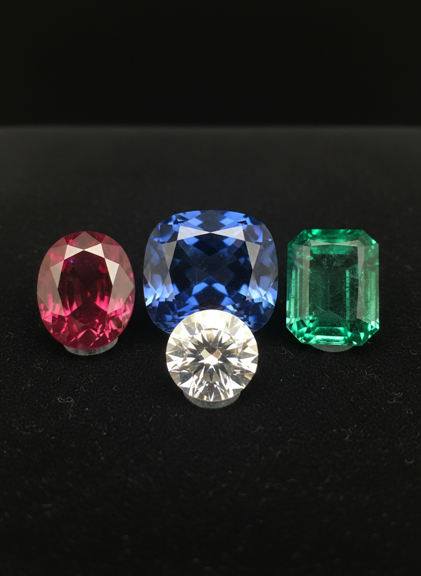 An elegant arrangement of flawless gemstones displayed on a matte black velvet surface, featuring a vivid royal-blue sapphire, a fiery pigeon-blood ruby, an emerald-cut deep green emerald, and a brilliant round diamond with perfect scintillation. Each stone is spaced with careful precision to highlight its unique cut and clarity. Soft, diffused studio lighting from above and slightly behind creates crisp, controlled reflections and subtle rim highlights along the facets, while the background fades into a smooth, photographic black. Captured at eye level with a shallow depth of field, the focus rests sharply on the diamond and sapphire in the foreground, giving a professional, luxurious, and trustworthy atmosphere suitable for a global gemstone brand’s homepage hero image.