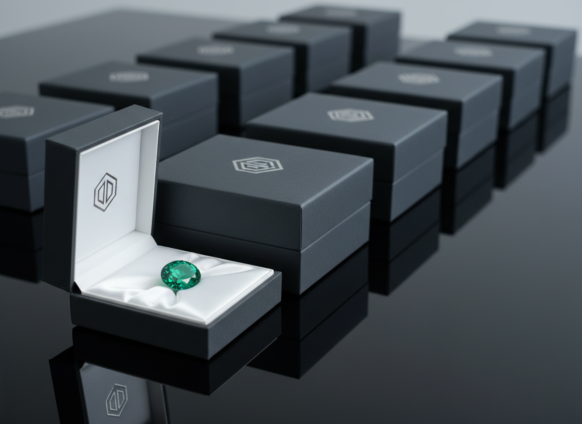 An orderly row of gemstone certification folders and sleek, dark-gray presentation boxes arranged on a reflective black glass table. On the closest open box lies a vivid oval-cut emerald in a white satin-lined cradle, its intense green color contrasting against the dark, minimalist packaging. Discreet metallic logos and embossed seals hint at premium branding without showing any text. Soft, cool studio lighting washes gently across the scene, creating controlled reflections on the glass and subtle specular highlights on the emerald facets. Captured from a low, three-quarter angle with a medium depth of field, the background softly blurs into abstract shapes of closed boxes. The mood is disciplined, archival, and highly professional, emphasizing documentation, authenticity, and trust.