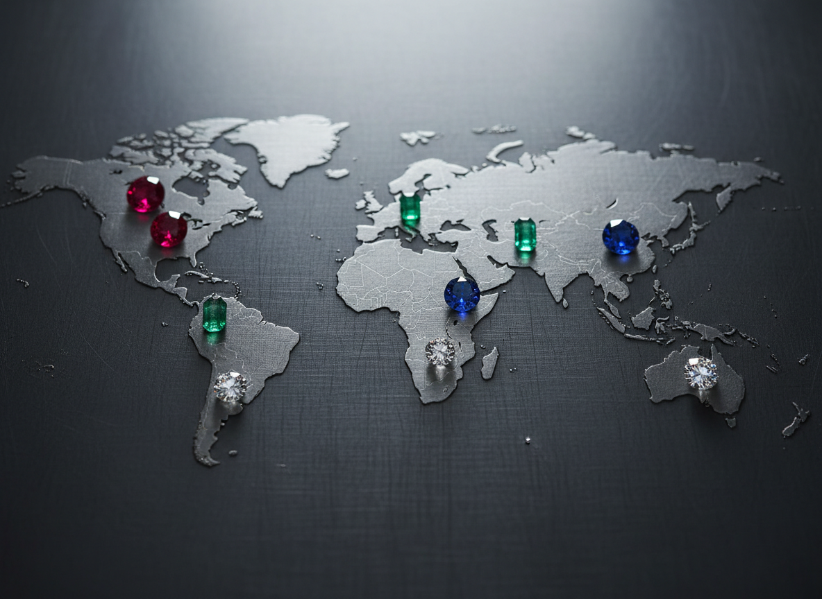 A world map subtly embossed into a brushed dark-metal surface, with key gemstone-producing regions marked by small, hyper-realistic gemstones: tiny rubies in Myanmar, emeralds in Colombia, sapphires in Sri Lanka, and diamonds in southern Africa. Each miniature stone is meticulously detailed, with accurate color, cut, and reflective qualities. Cool, directional studio lighting from the top left grazes the metal texture, creating gentle highlights on the raised continents and distinct glints on each gem marker. Photographed from a top-down, bird’s-eye perspective with sharp focus across the frame, the composition feels clean and modern. The atmosphere conveys global reach, precision logistics, and trustworthy sourcing for an international gemstone business.