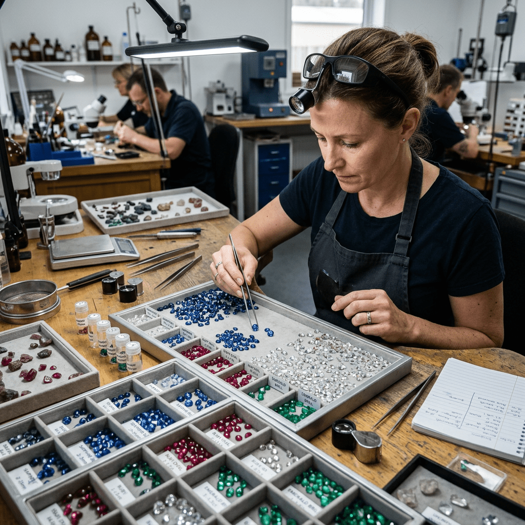 Jeweler sorting and examining various cut gemstones on trays with tweezers